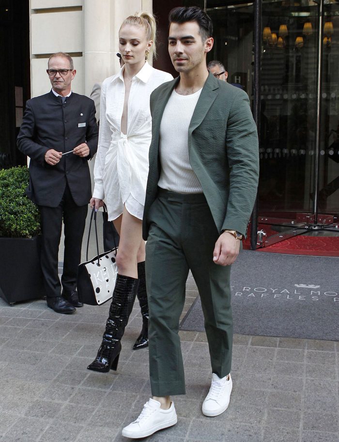 Sophie Turner Braless Pokies in Just a White Shirt