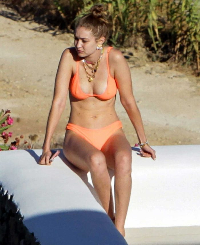 Gigi Hadid Nipples in Peach Colored Bikini