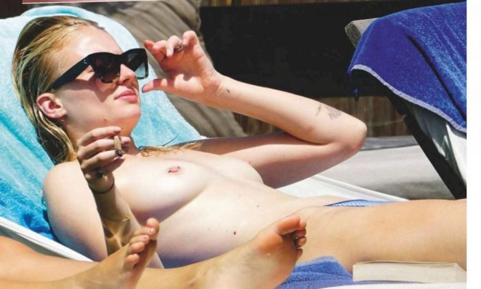 Sophie Turner Topless Sunbathing Poolside