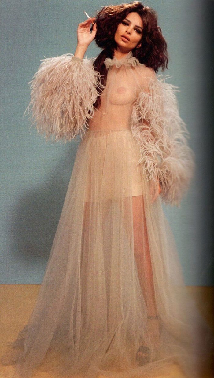 Emily Ratajkowski Posing Topless in Pink Dress & a Cigarette