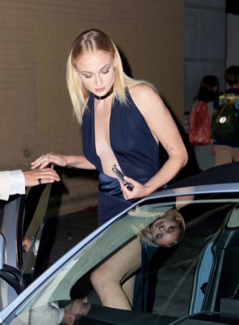 Sophie Turner Braless in Sheer Blue Dress @ Hubby’s BDay