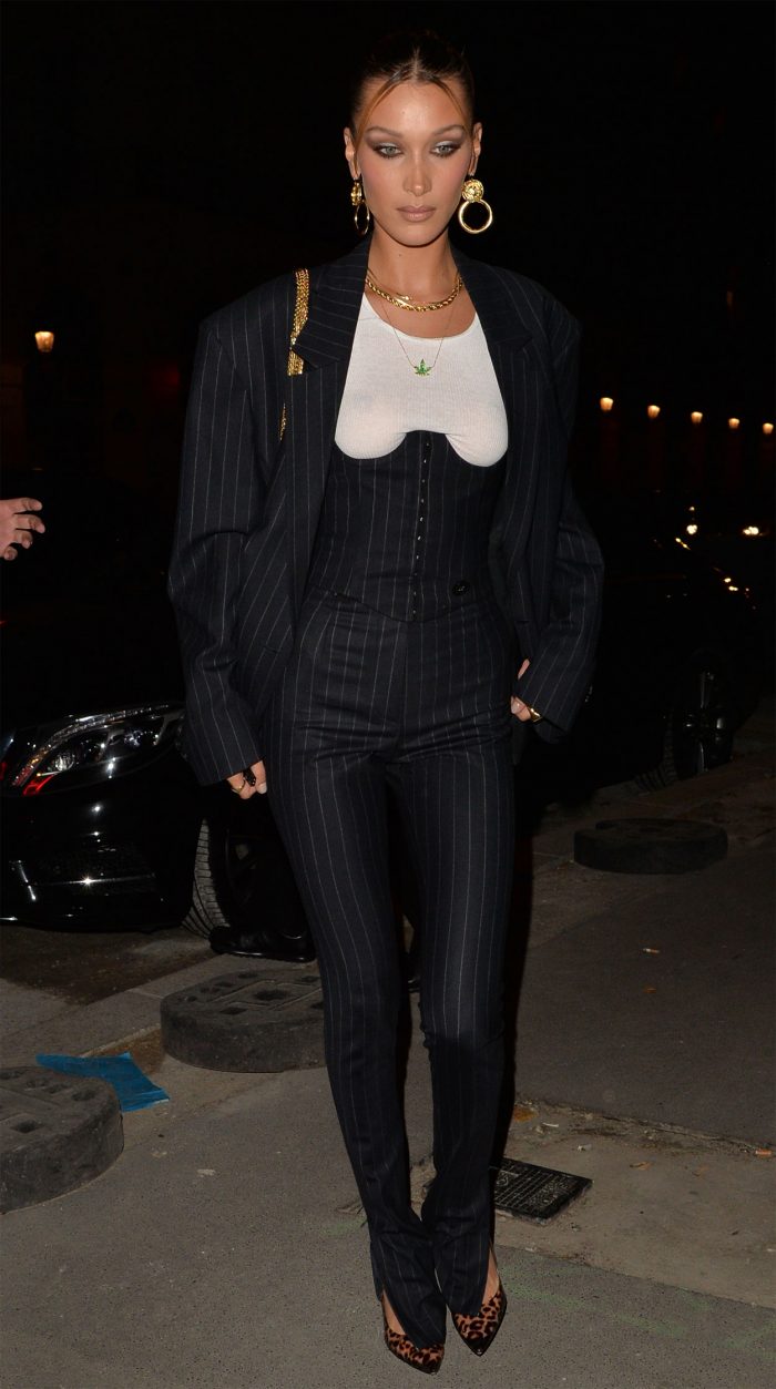 Bella Hadid Nipples on Display in Pin Strip Corset