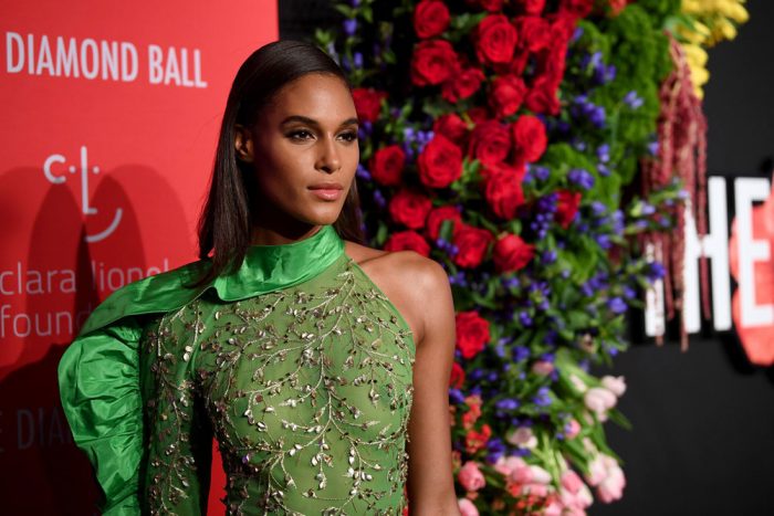 Cindy Bruna Braless in Green Dress at a Fashion Show