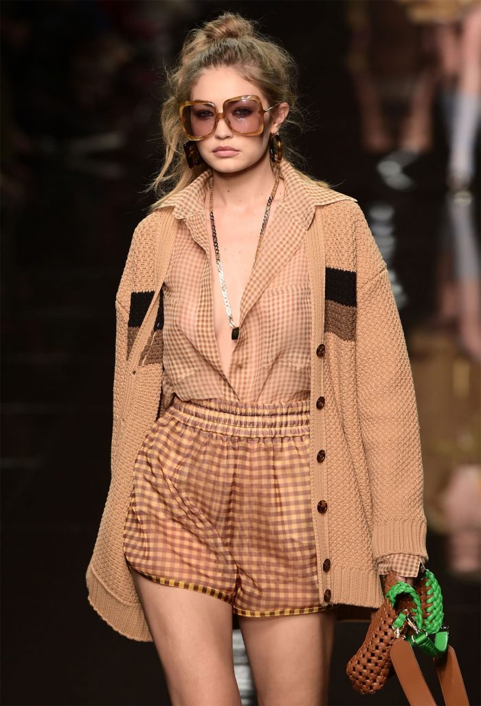 Gigi Hadid on the Catwalk in a Sheer Checked Blouse