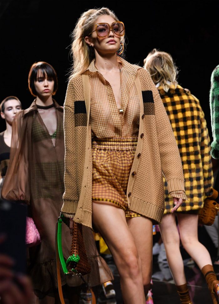 Gigi Hadid on the Catwalk in a Sheer Checked Blouse