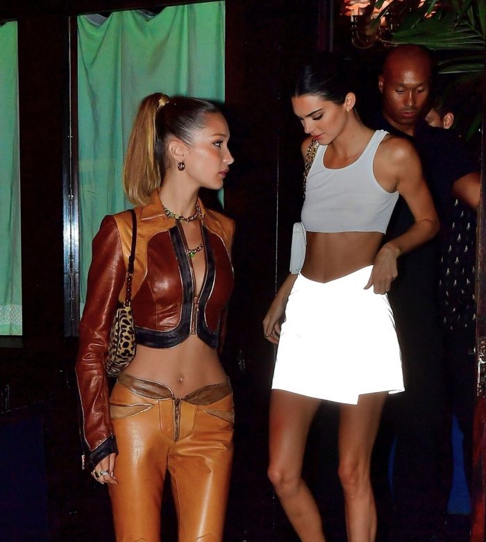 Kendall Jenner Night Out with Bella Hadid Braless in Sheer White Top