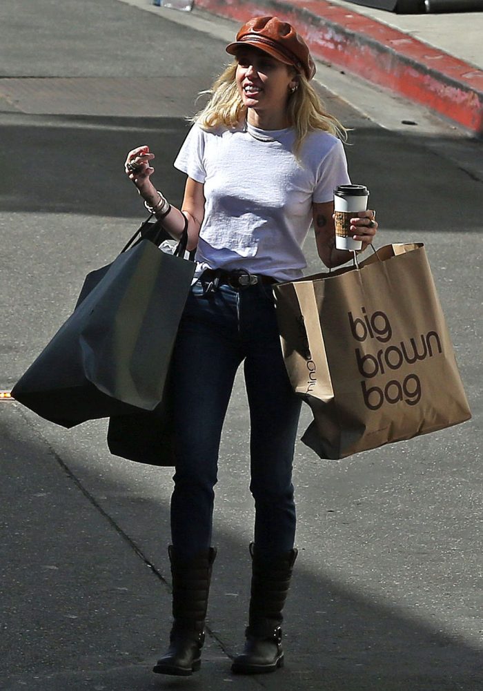 Miley Cyrus Braless Pokies in Thin White Tee Shirt