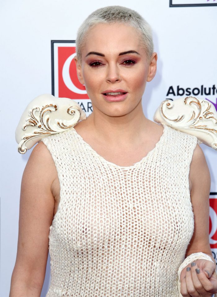 Rose McGown Naked in a Knitted Cream Dress