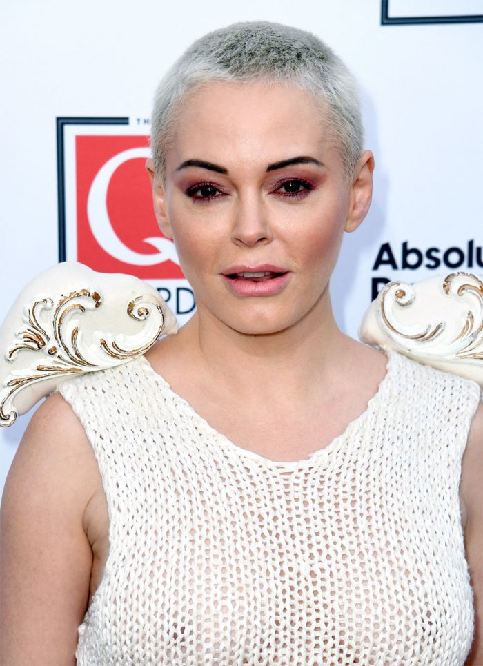 Rose McGown Naked in a Knitted Cream Dress