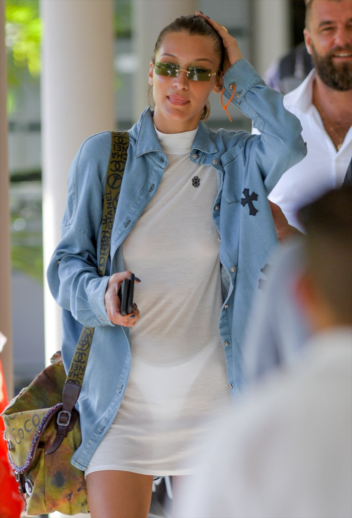 Bella Hadid in Only a Thong in a Thin, White Cover-up
