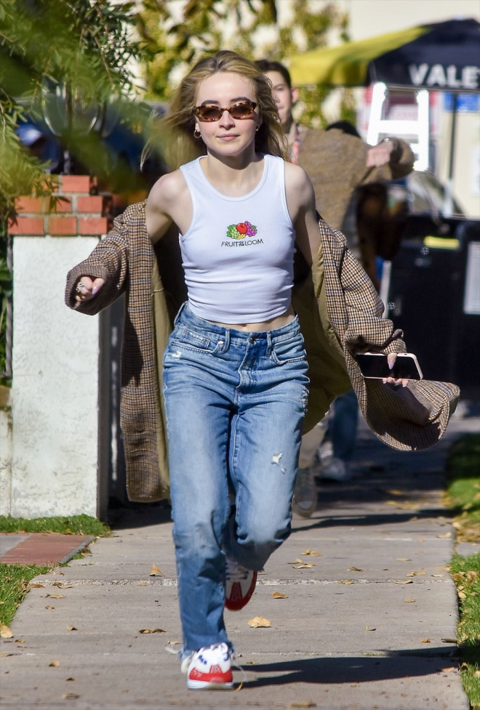 Sabrina Carpenter Braless Nipple Pokies Bouncing Down the Street