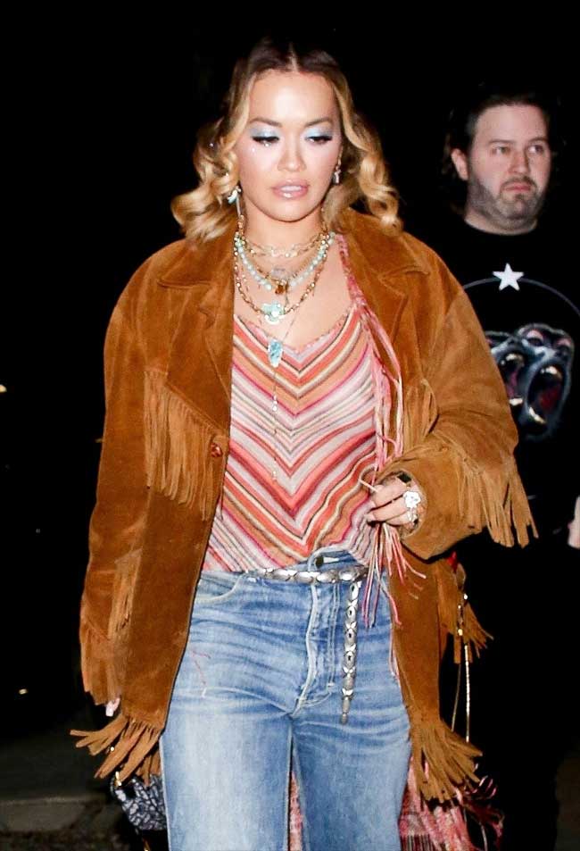 Rita Ora Braless in Sheer Rainbow Shirt