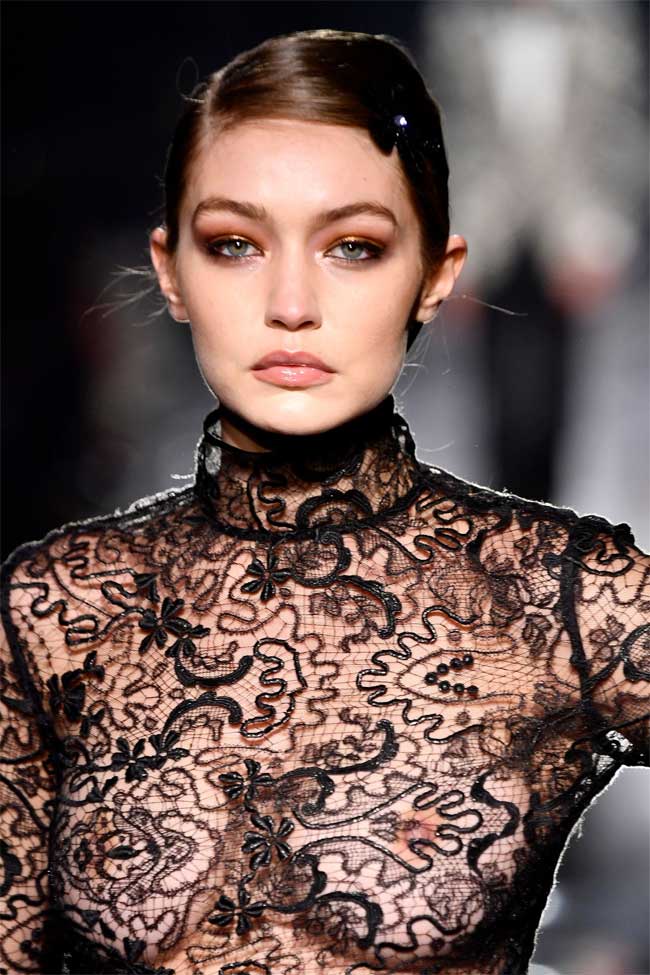 Gigi Hadid Braless in Black Lace Top on the Cat Walk