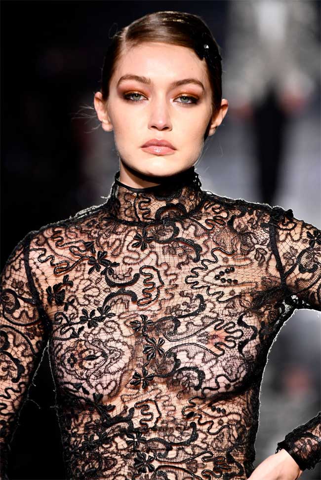 Gigi Hadid Braless in Black Lace Top on the Cat Walk