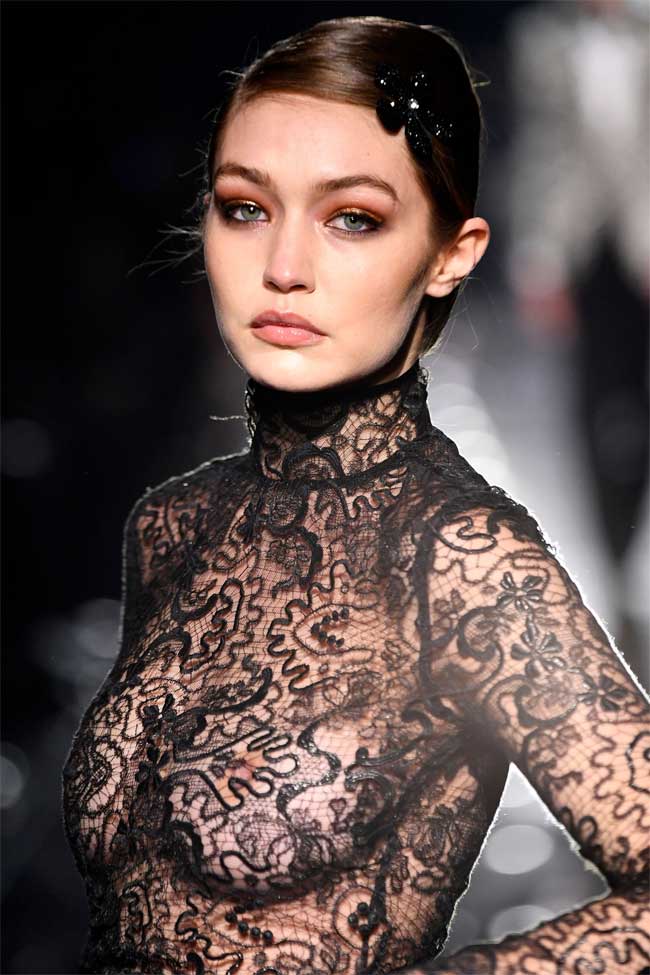 Gigi Hadid Braless in Black Lace Top on the Cat Walk
