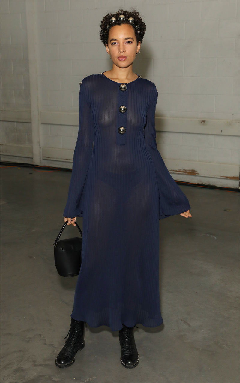 Amel Rachedi Braless in a Totally Sheer Blue Dress