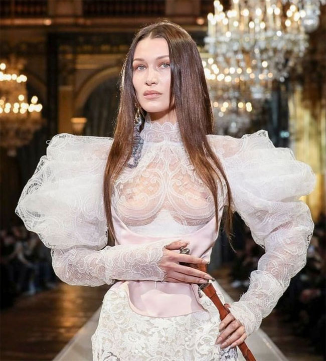 Bella Hadid Boobs on Display in Sheer White Lace Gown