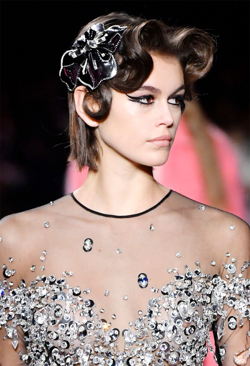 Kaia Gerber Nipples in Sheer Blouse on the Catwalk