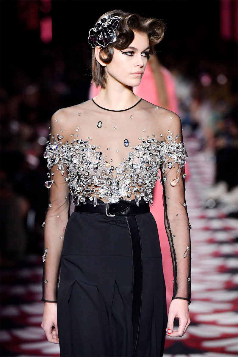 Kaia Gerber Nipples in Sheer Blouse on the Catwalk