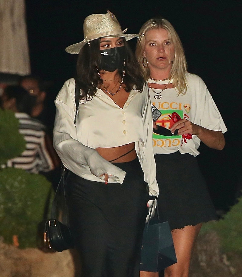 Vanessa Hudgens Braless Pokies in White Silk Shirt