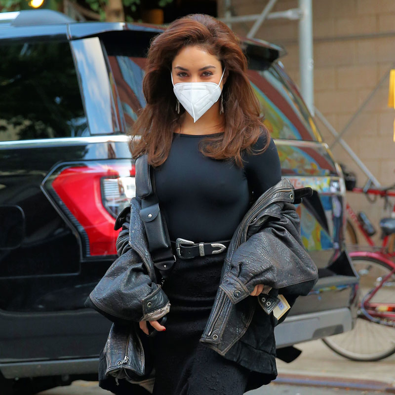 Vanessa Hudgens Braless and Showing Slight Pokies in Black Top