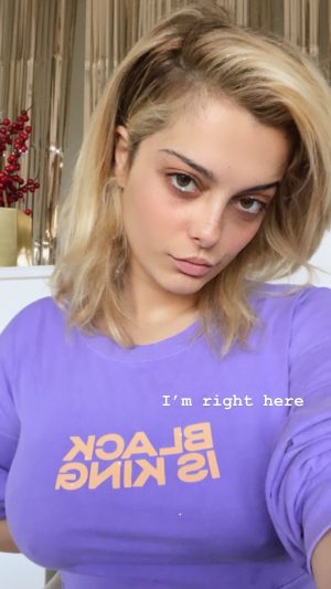 Bebe Rexha Braless Pokies in Purple Top