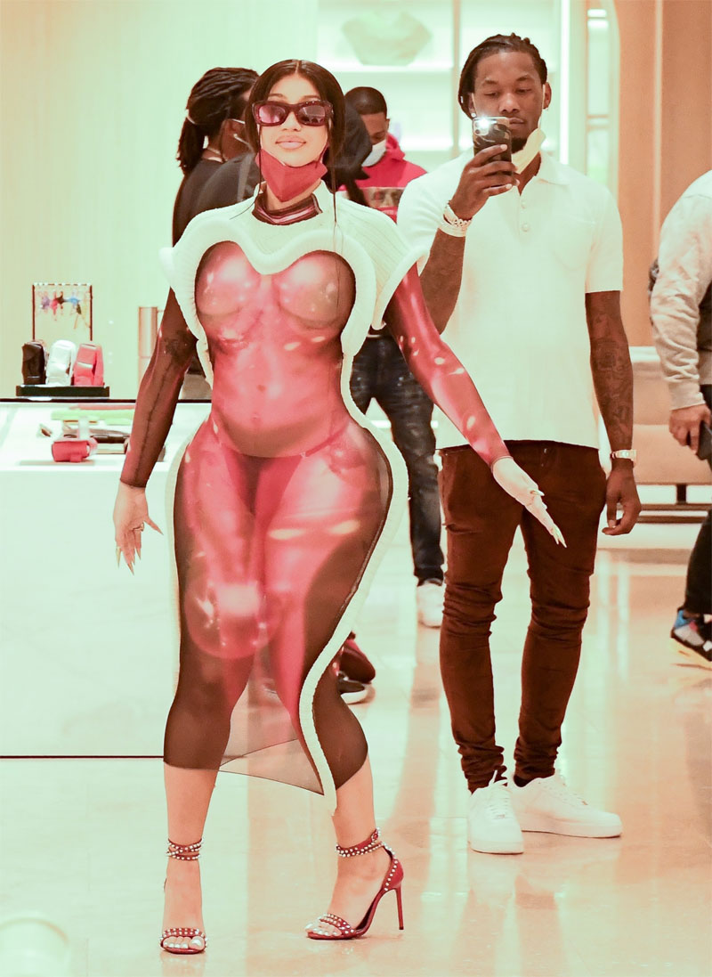 Cardi B Wearing a Sheer Red Dress Out Shopping