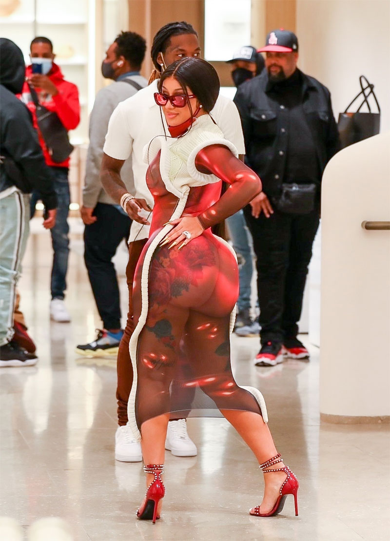 Cardi B Wearing a Sheer Red Dress Out Shopping