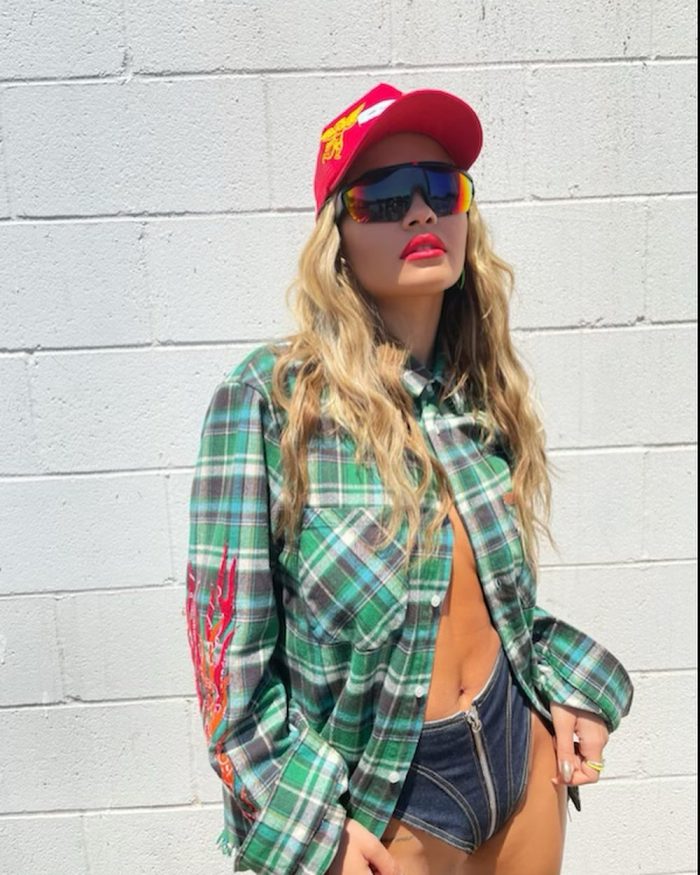 Rita Ora No Bra In A Open Plaid